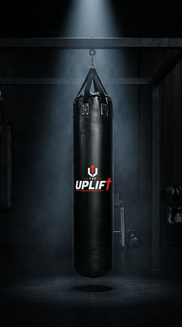 A branded Uplift heavy bag under a spotlight in the gym
