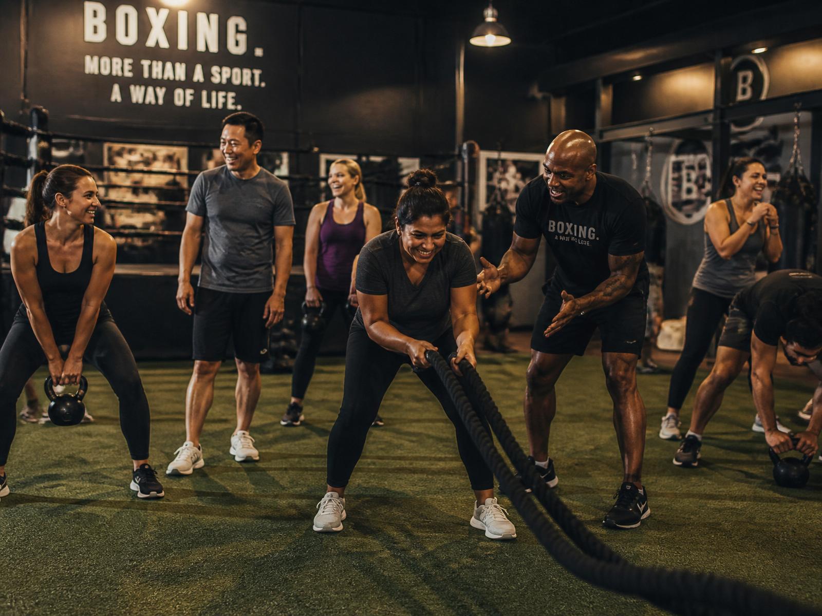 Members training with kettlebells and battle ropes on the turf zone